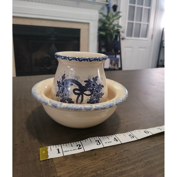 Marshall Pottery Texas, Casey Pottery, Yesteryear Heart Wreath, Spongeware Set - Picture 5 of 9